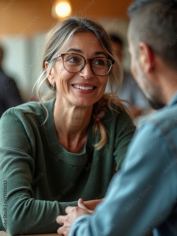 A woman wearing glasses shares a warm smile during a friendly conversation at a cozy cafe, highlighting her kind demeanor. The ambient lighting adds a comforting atmosphere. A woman wearing glasses shares a warm smile during a friendly conversation at a cozy cafe, highlighting her kind demeanor. The ambient lighting adds a comforting atmosphere.