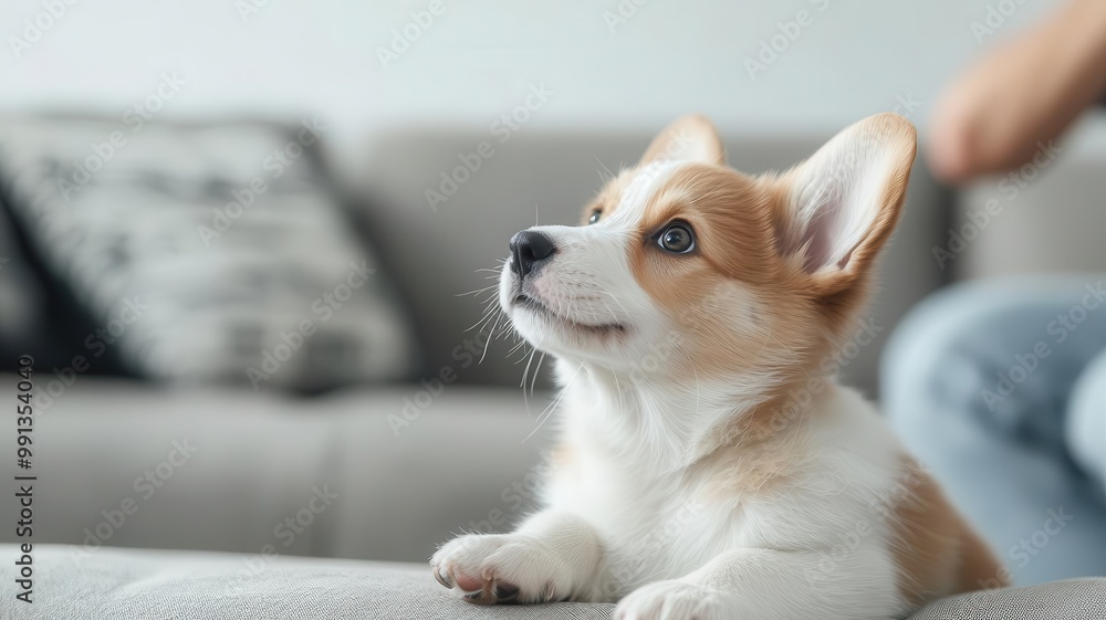 Puppy trying to climb onto the couch, looking up eagerly at its owner puppy, playful pet at home Puppy trying to climb onto the couch, looking up eagerly at its owner puppy, playful pet at home