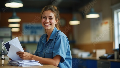 A young woman is happily sorting mail at her post office job, wearing a blue uniform, with a bright smile in a warmly lit room. Papers and envelopes are spread out before her. photo