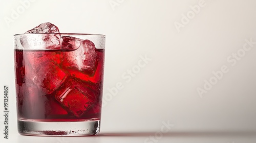 Wallpaper Mural A glass of cranberry juice with ice cubes, positioned on the left side, leaving ample space on the right for text or branding, with a minimal background. Torontodigital.ca