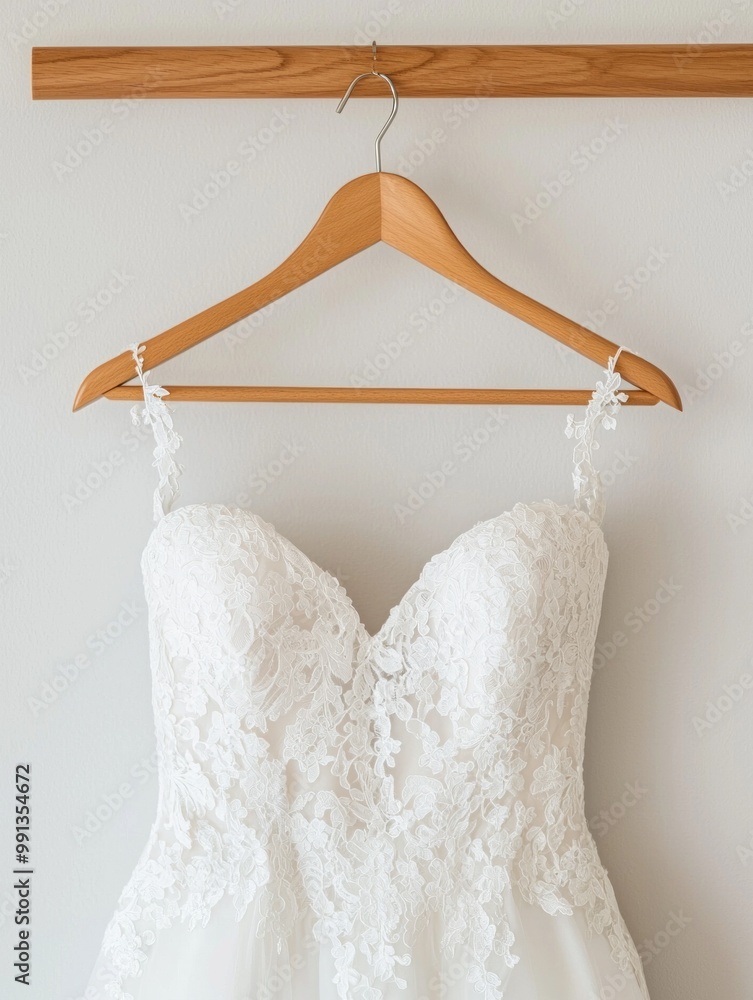Elegant Lace Wedding Dress Hanging on Wooden Hanger Against White Wall. Elegant Lace Wedding Dress Hanging on Wooden Hanger Against White Wall.