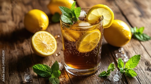 A glass of iced tea with fresh lemon slices and mint leaves, condensation on the glass, surrounded by whole lemons and mint sprigs, set on a wooden table.