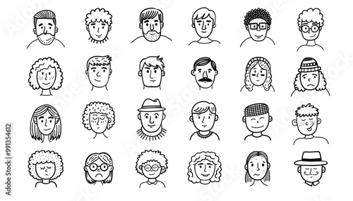 Avatar set of people in doodle style. Big set of various people's faces in hand drawn sketch design. Vector illustration