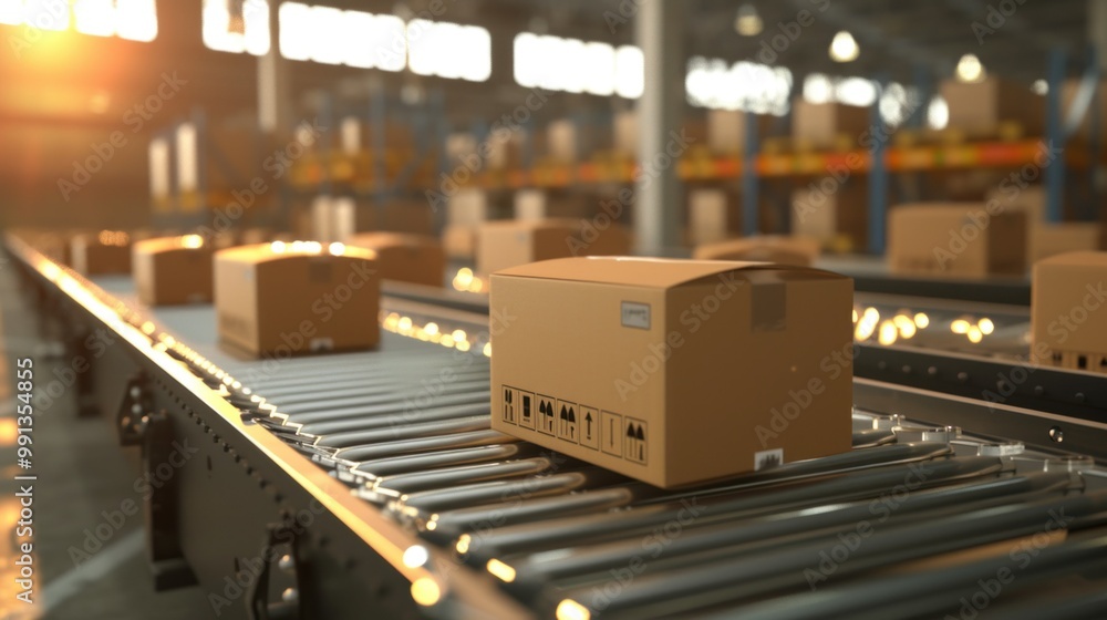 Cardboard boxes on conveyor rollers ready to be shipped by courier for distribution Cardboard boxes on conveyor rollers ready to be shipped by courier for distribution
