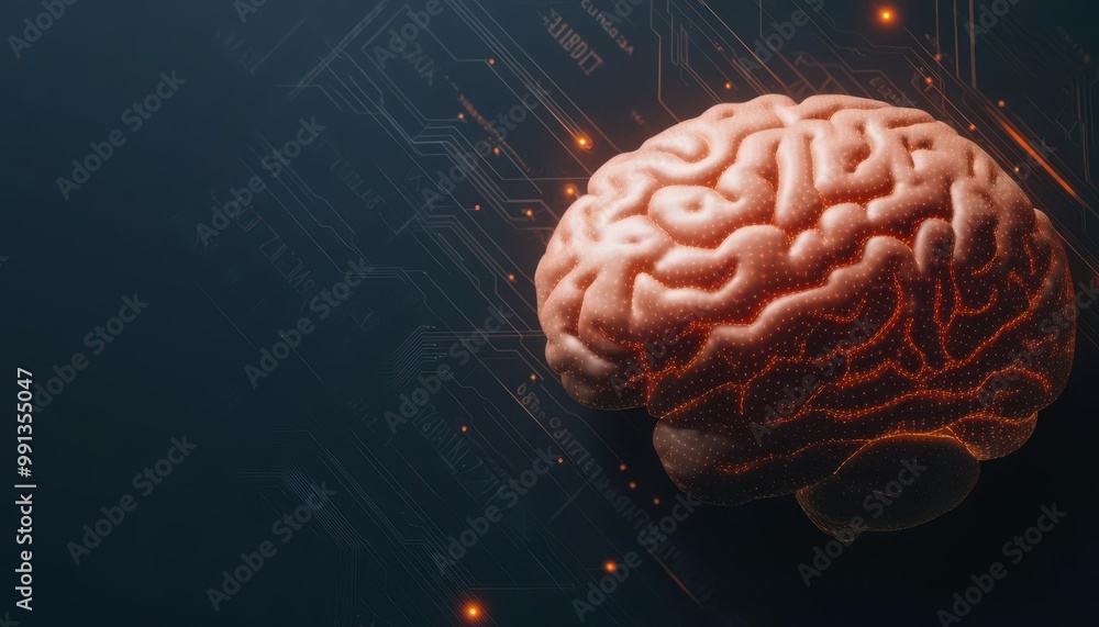 Brain connected to a matrix of glowing AI data lines, visualizing highspeed information processing, technology brain AI, datadriven intelligence Brain connected to a matrix of glowing AI data lines, visualizing highspeed information processing, technology brain AI, datadriven intelligence