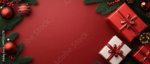 Christmas backdrop adorned with festive decorations and beautifully wrapped Christmas gifts for a cozy holiday vibe