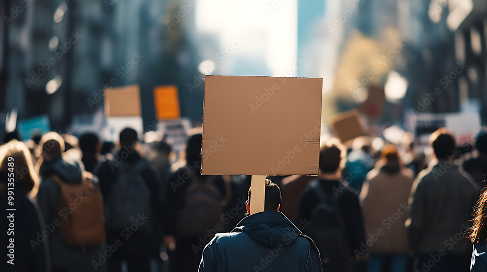 Fototapeta premium Close-up of a protest sign being held aloft with a powerful message, with the crowd and event in the background