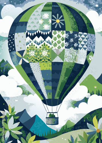 Enchanting Patterned Hot Air Balloon Adventure over Scenic Landscape