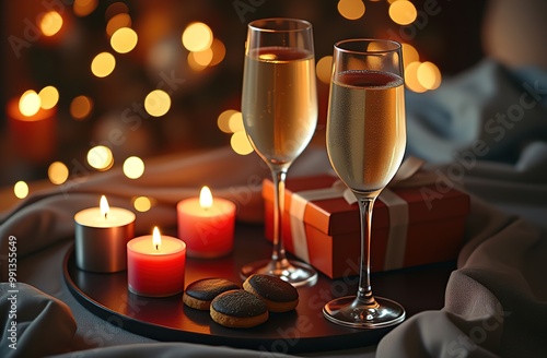 A table decorated for the New Year's holiday. Champagne, treats, candles. In the background is a decorated Christmas tree with sparkling lights. The atmosphere of celebrating the New Year. Postcard