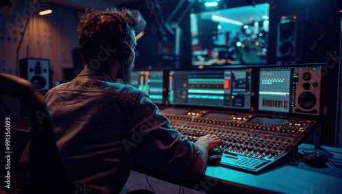 Side view of casual man and producer working on computer and editing video with color correction of documentary or commercial video