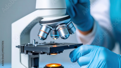 Technician using a digital microscope to check for imperfections in a manufactured product, highresolution inspection, techenhanced QC