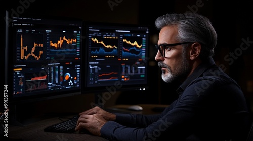 The Data Analyst: A focused and determined man, illuminated by the glow of his computer screens, meticulously analyzes financial data in a dimly lit workspace. He is a symbol of dedication, precision.