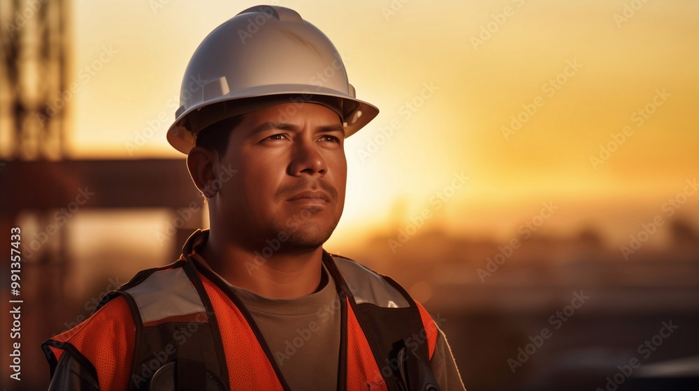 A confident construction worker wearing a helmet and vest on a construction site. Generative ai A confident construction worker wearing a helmet and vest on a construction site. Generative ai