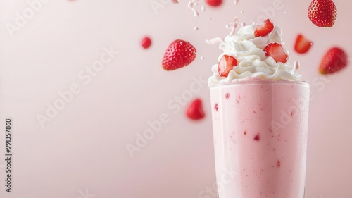 Strawberry milkshake splashing out of a tall glass with whipped cream and strawberries flying around strawberry milkshake splash, sweet delight