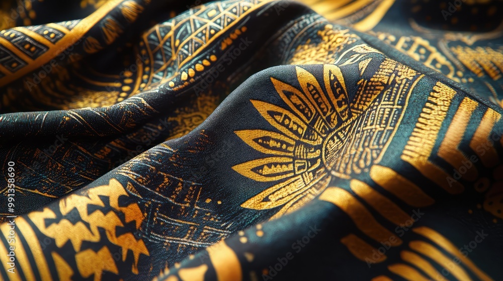 Elegant wax fabric with bold tribal motifs in dark hues, draped gracefully Elegant wax fabric with bold tribal motifs in dark hues, draped gracefully