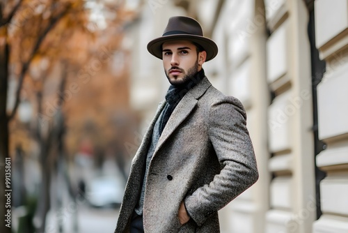 modern model bman in a formal suit wearing hat with small beard photo