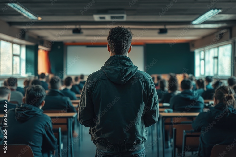 Class of students looking forward, teacher at front with arms crossed.