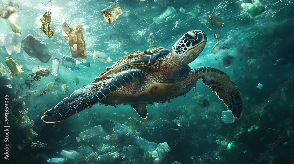 A sea turtle swims through polluted waters filled with plastic waste, highlighting environmental issues. A sea turtle swims through polluted waters filled with plastic waste, highlighting environmental issues.