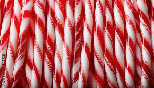 Close-Up of Classic Red and White Candy Canes with Twisted Stripes, Showing Shiny Surface and Perfectly Aligned Festive Patterns for Holiday Themes and Christmas Treat Advertising photo