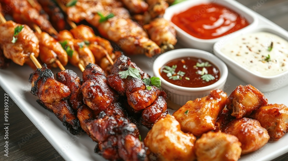 A delectable spread of Thai appetizers including satay skewers, chicken wings, and a variety of dipping sauces, served on a clean white plate. A delectable spread of Thai appetizers including satay skewers, chicken wings, and a variety of dipping sauces, served on a clean white plate.
