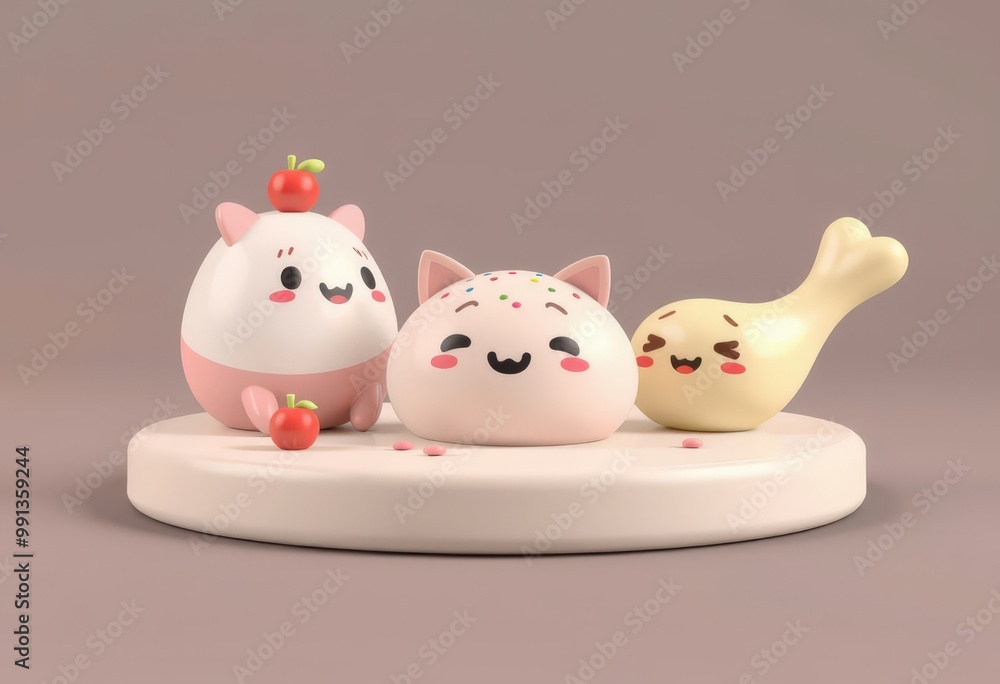 Three cute cartoon characters, a round egg with red apple on top, a pink cat with sprinkles, and a yellow bone on a round platform. Three cute cartoon characters, a round egg with red apple on top, a pink cat with sprinkles, and a yellow bone on a round platform.