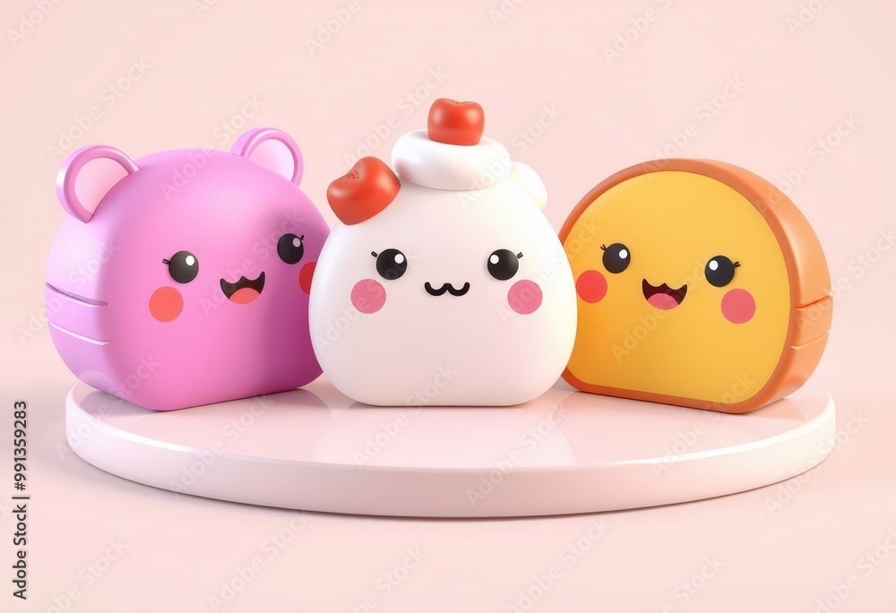 Three cute cartoon characters, pink, white and yellow on a white platform against a light pink background. Three cute cartoon characters, pink, white and yellow on a white platform against a light pink background.