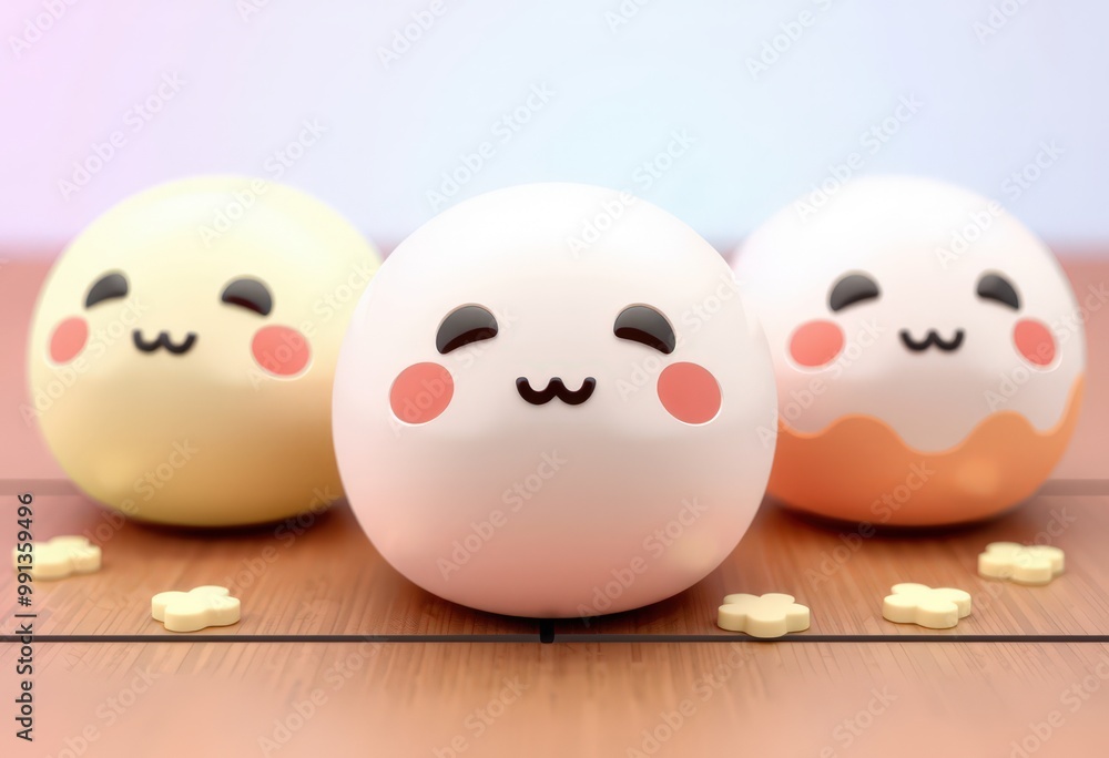 Three cute cartoon mochi balls with happy faces on a wooden table with flower decorations. Three cute cartoon mochi balls with happy faces on a wooden table with flower decorations.