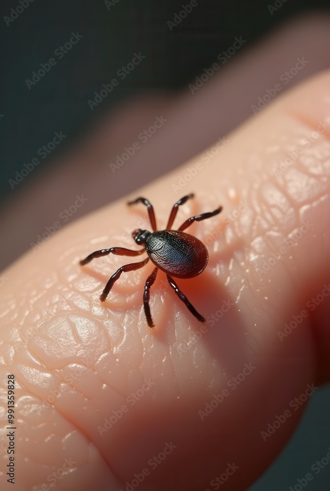 A tick crawls on a person's hand, showcasing its intricate details against the skin. The setting hints at a sunny day, raising awareness about outdoor pests and the importance of checking for ticks af A tick crawls on a person's hand, showcasing its intricate details against the skin. The setting hints at a sunny day, raising awareness about outdoor pests and the importance of checking for ticks af