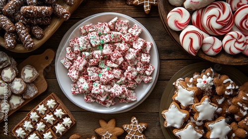 A delicious assortment of seasonal candies, such as peppermint bark and gingerbread treats, set on a rustic wooden table photo