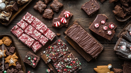 A delicious assortment of seasonal candies, such as peppermint bark and gingerbread treats, set on a rustic wooden table photo