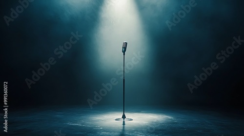 Empty concert stage with a single, intense spotlight illuminating the microphone stand