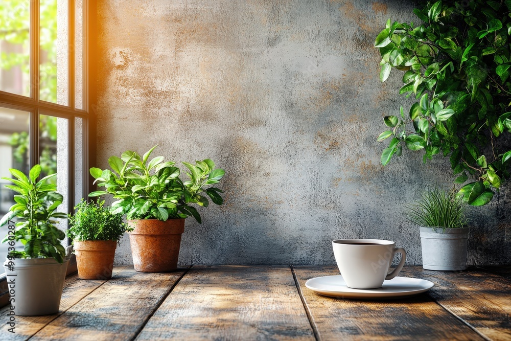 Morning Coffee Break: A cup of coffee sits on a rustic wooden table, bathed in soft sunlight streaming through a window, surrounded by lush greenery. Morning Coffee Break: A cup of coffee sits on a rustic wooden table, bathed in soft sunlight streaming through a window, surrounded by lush greenery.