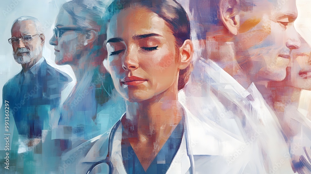 Abstract Painting of a Female Doctor with Other People Abstract Painting of a Female Doctor with Other People