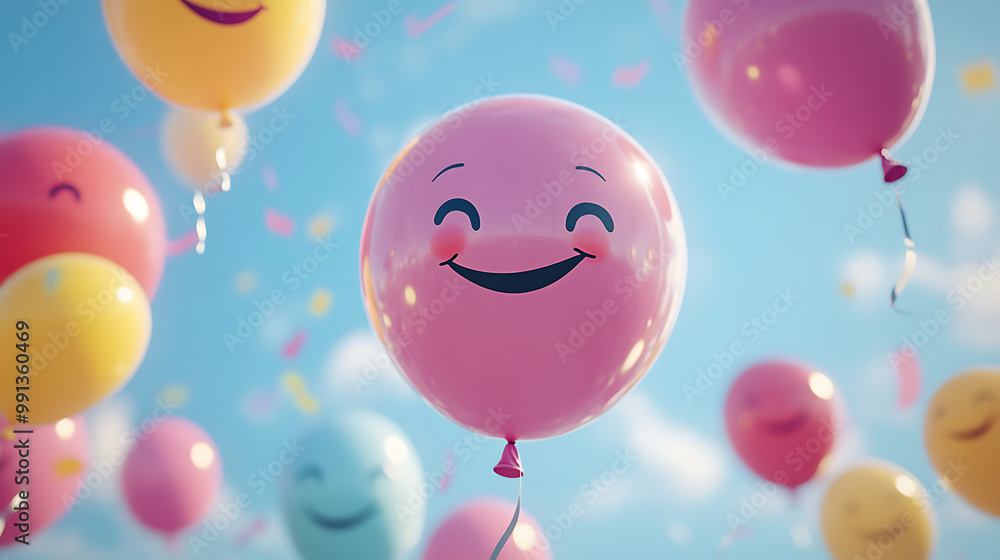 Cute cartoon smiley face balloons floating in the air, adding a playful and cheerful vibe Cute cartoon smiley face balloons floating in the air, adding a playful and cheerful vibe