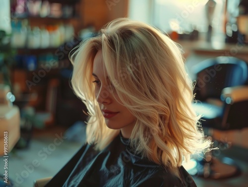 A young woman styling her hair in a professional salon setting. photo