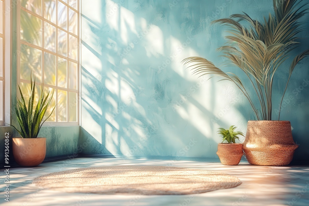 Sun-Drenched Oasis: A tranquil interior design concept with a soothing blue wall, large windows, and lush potted plants. The soft, natural light creates a serene and inviting atmosphere. Sun-Drenched Oasis: A tranquil interior design concept with a soothing blue wall, large windows, and lush potted plants. The soft, natural light creates a serene and inviting atmosphere.