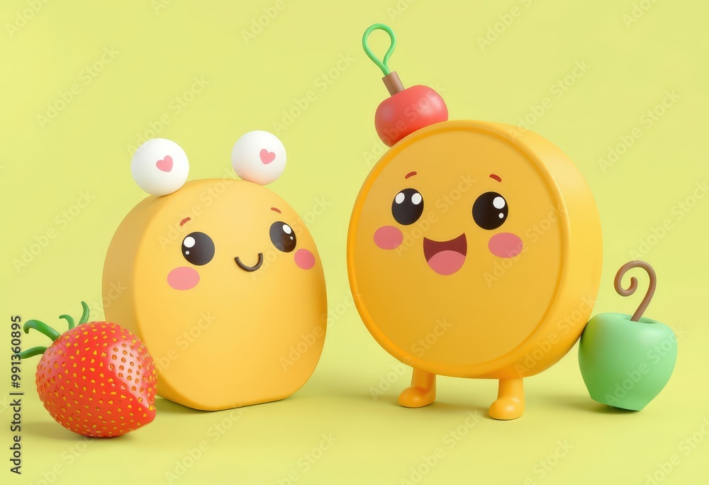 Two cartoon characters with cute faces and different expressions stand on a green background. Two cartoon characters with cute faces and different expressions stand on a green background.