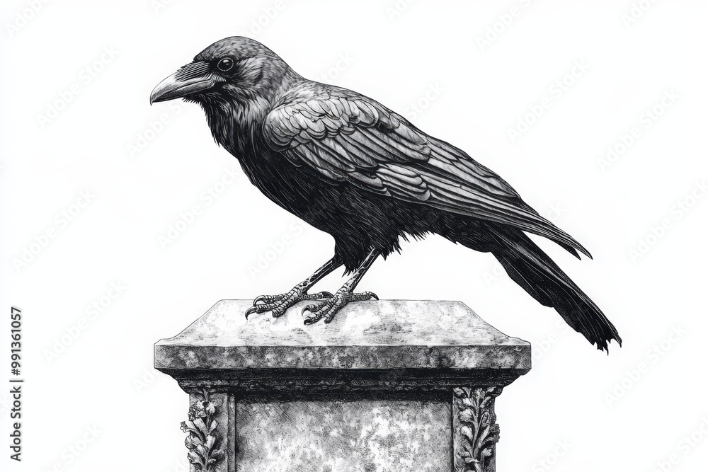 Fototapeta premium Black and white illustration of a crow standing on a stone pedestal, reminiscent of traditional engraving techniques