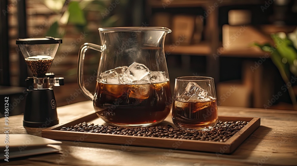 A stylish cold brew setup with a glass pitcher and two glasses, ice floating inside, placed on a tray with freshly ground coffee beans and a coffee grinder nearby. A stylish cold brew setup with a glass pitcher and two glasses, ice floating inside, placed on a tray with freshly ground coffee beans and a coffee grinder nearby.