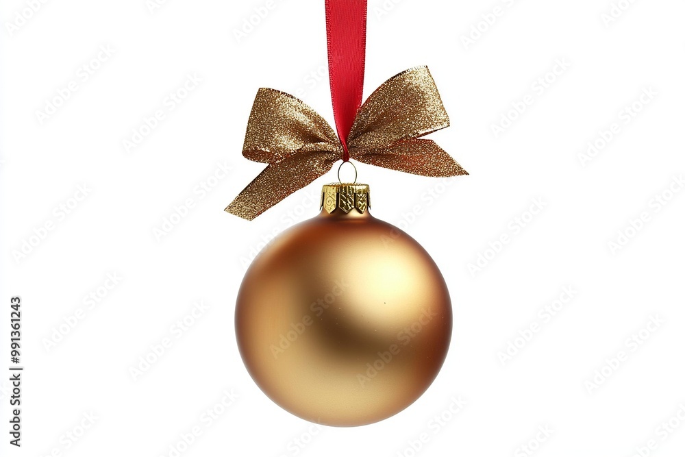 Beautiful gold ball Christmas ornament with shiny red ribbon on a white background. AI generated Beautiful gold ball Christmas ornament with shiny red ribbon on a white background. AI generated
