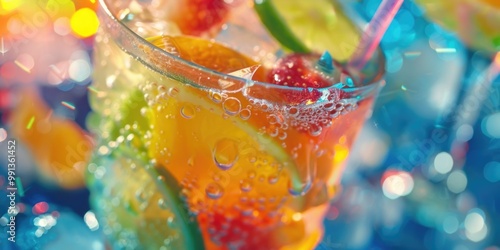 Beverage with vibrant colors and bubbles on ice