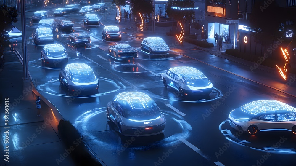 Fototapeta premium AI systems controlling autonomous vehicles in a futuristic city