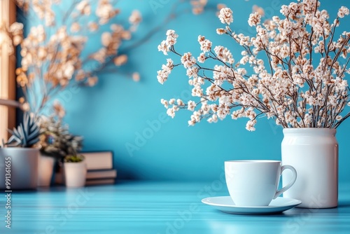 Wallpaper Mural Serene Spring Morning: A delicate bouquet of white blossoms in a white vase graces a tranquil blue table, accompanied by a steaming cup of coffee. Torontodigital.ca