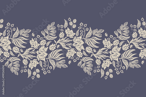 Vintage Floral pattern wallpaper seamless embroidery Ikat textured white flowers on indigo blue background border Denmark ethnic  motif traditional. Aztec style abstract vector illustration design.