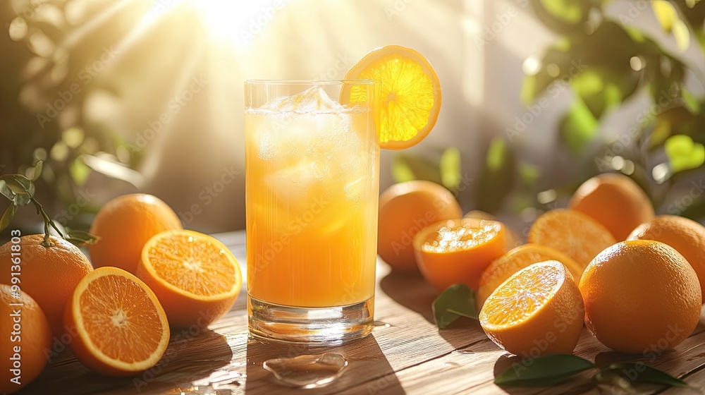A tall glass of freshly squeezed orange juice with ice, surrounded by whole and sliced oranges on a rustic wooden table, with bright sunlight streaming in. A tall glass of freshly squeezed orange juice with ice, surrounded by whole and sliced oranges on a rustic wooden table, with bright sunlight streaming in.