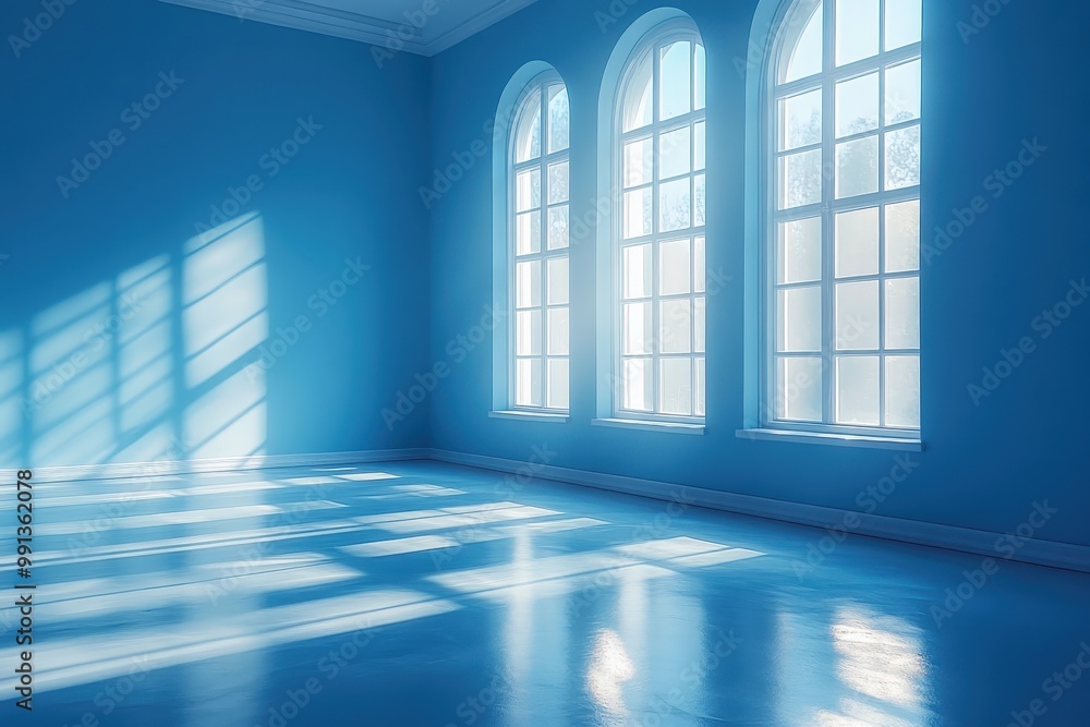Sunlit Serenity: A room bathed in soft, blue light, the elegant arched windows casting long, slender shadows across the polished floor, evokes a sense of tranquility and peace. Sunlit Serenity: A room bathed in soft, blue light, the elegant arched windows casting long, slender shadows across the polished floor, evokes a sense of tranquility and peace.