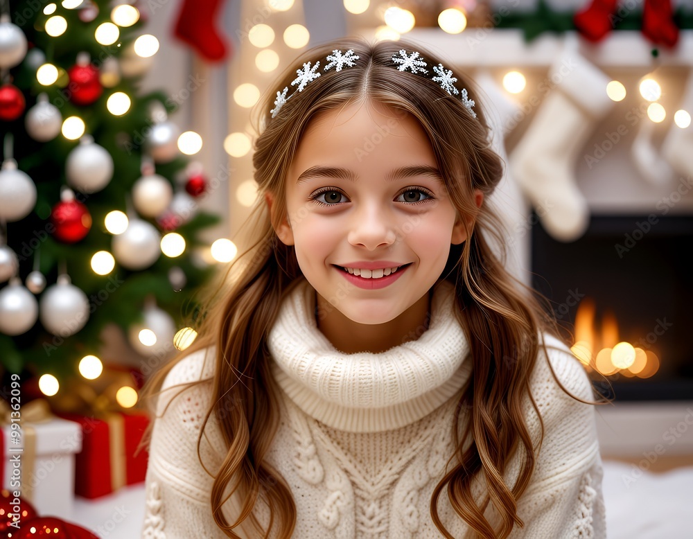 Happy Young Girl Celebrating Christmas with a Festive Fireplace Happy Young Girl Celebrating Christmas with a Festive Fireplace