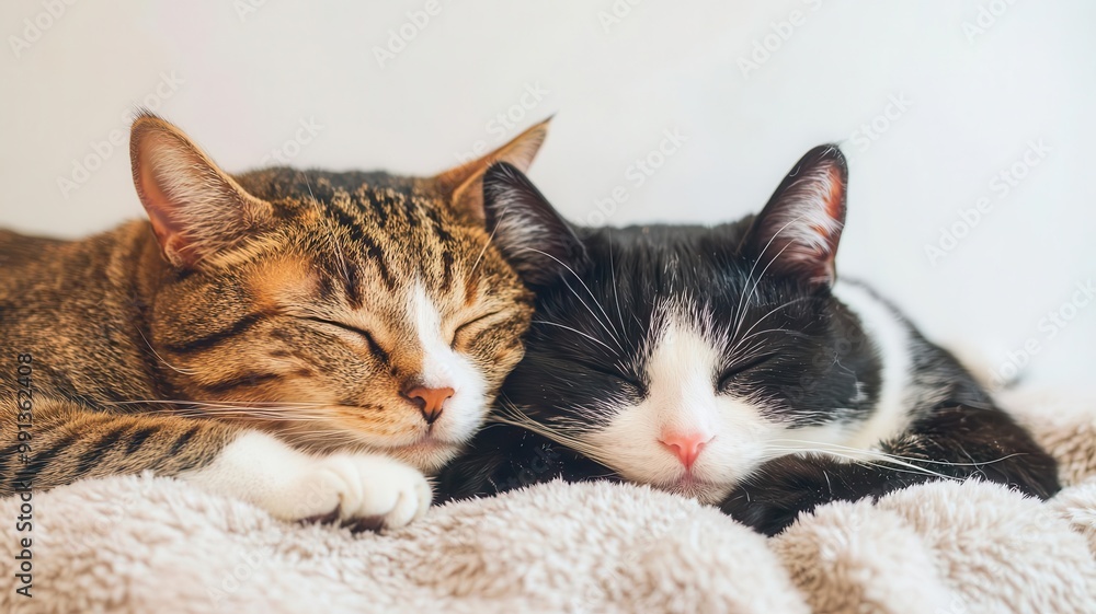 Fototapeta premium Two cats cuddled together on a fluffy blanket, enjoying a quiet nap cats napping, home comfort