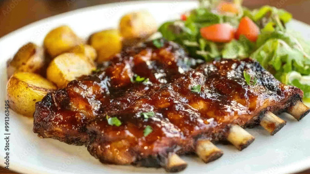 A delicious plate of roasted pork ribs with a caramelized barbecue sauce, accompanied by roasted potatoes and a fresh garden salad. A delicious plate of roasted pork ribs with a caramelized barbecue sauce, accompanied by roasted potatoes and a fresh garden salad.