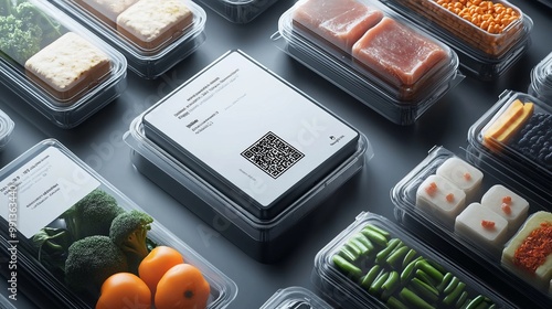 A variety of packaged food items with a central QR code for identification or ordering.